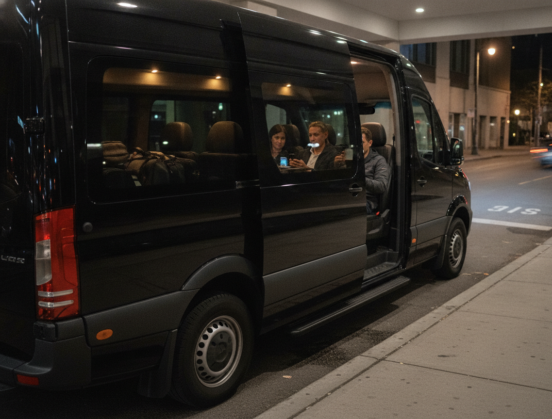 The rear cabin of a black 2025 Mercedes-Benz Sprinter, warm tungsten reading lights on quilted black leather captain sea