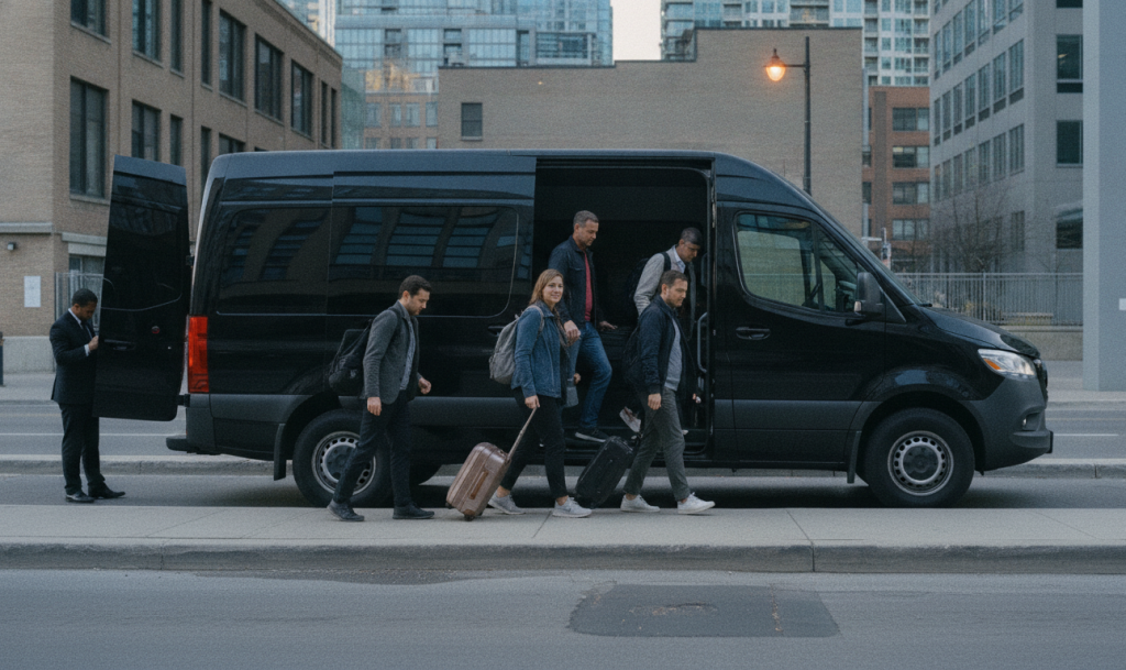 A black 2025 Mercedes-Benz Sprinter van pulled to the kerb outside a downtown Toronto residential entrance at midday, si
