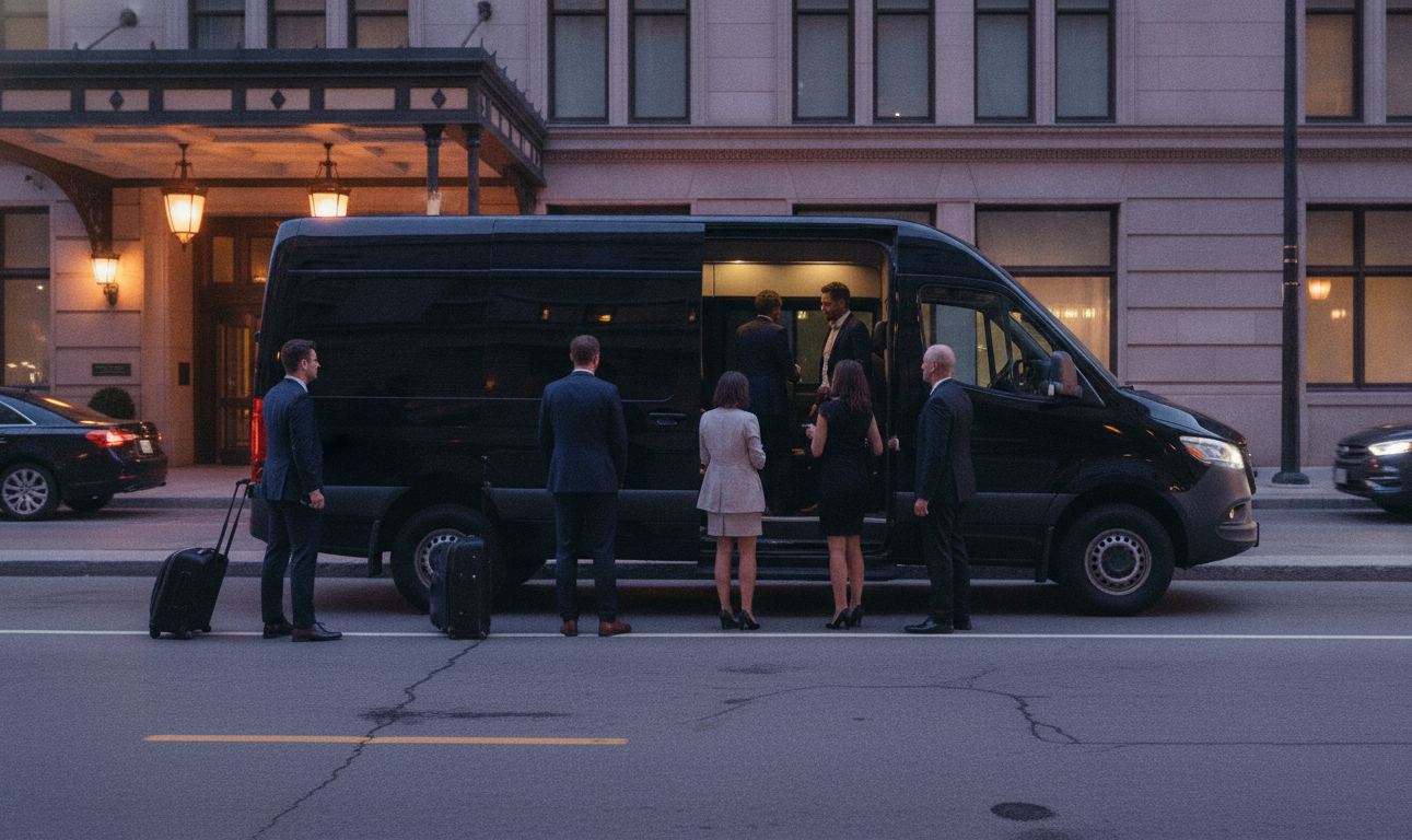 Is There a Flat Rate for the Pearson to Royal York Limo? 7 A black 2025 Mercedes-Benz Sprinter pulled fully to the Front Street kerb at the Fairmont Royal York east entrance, blue