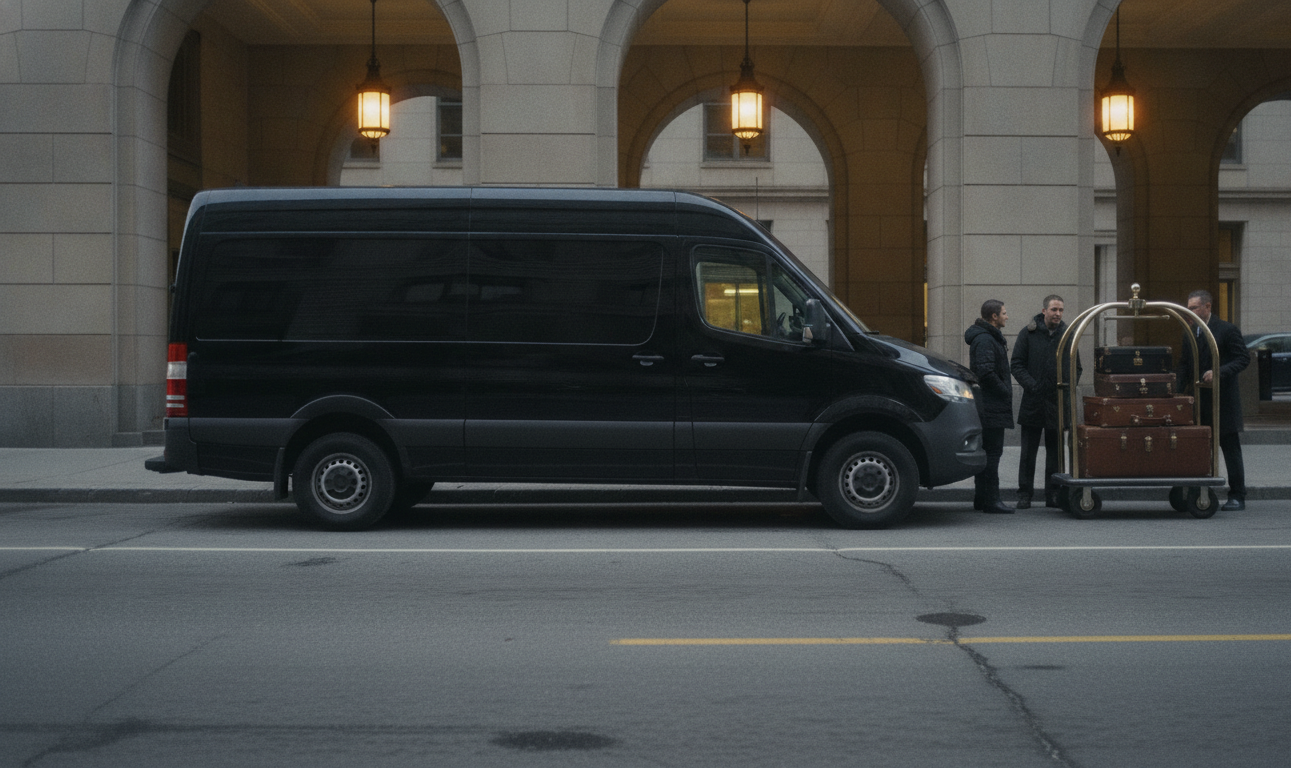 A black 2025 Mercedes-Benz Sprinter pulled fully under the Fairmont Royal York east entrance portico on Front Street Wes