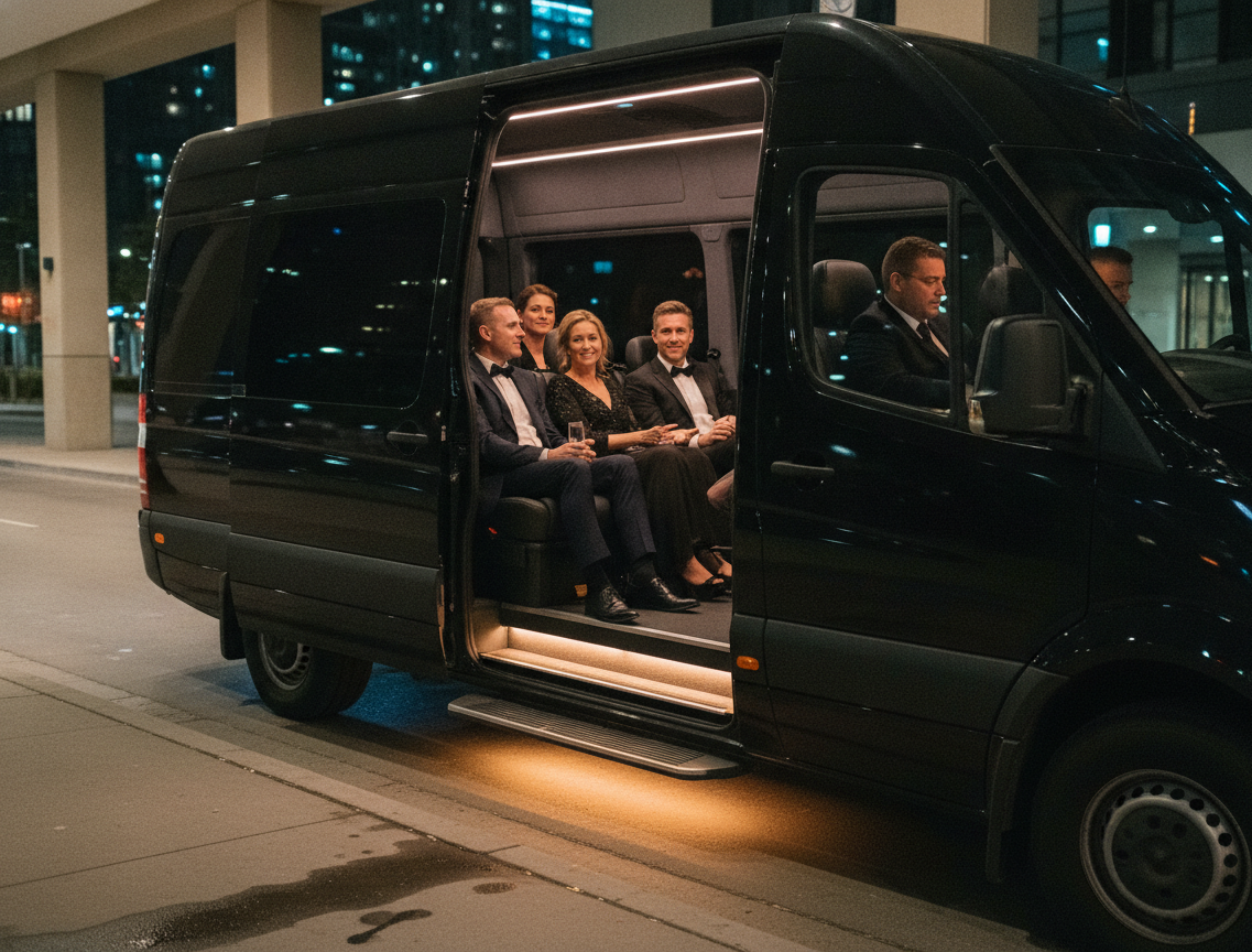 Interior of a black 2025 Mercedes-Benz Sprinter VIP cabin at night, warm tungsten footwell lighting along leather club s