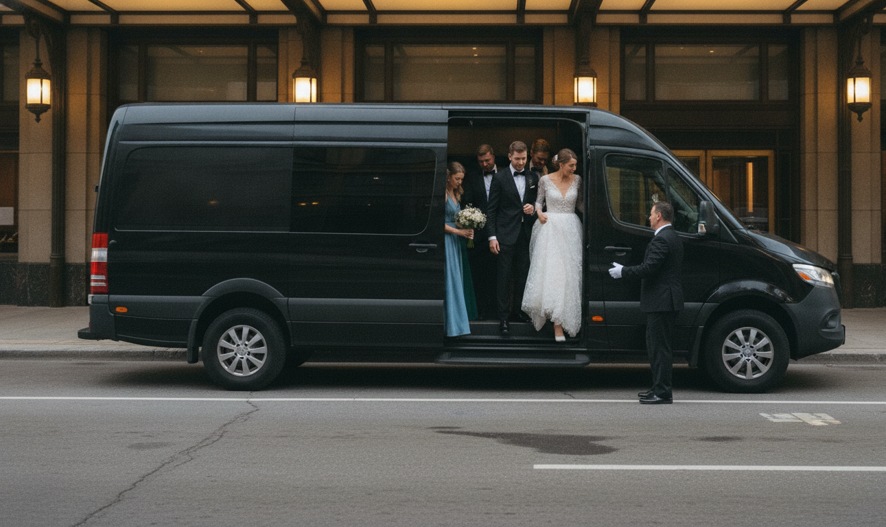 Bridal party stepping out of a black Sprinter van at a hotel ceremony arrival
