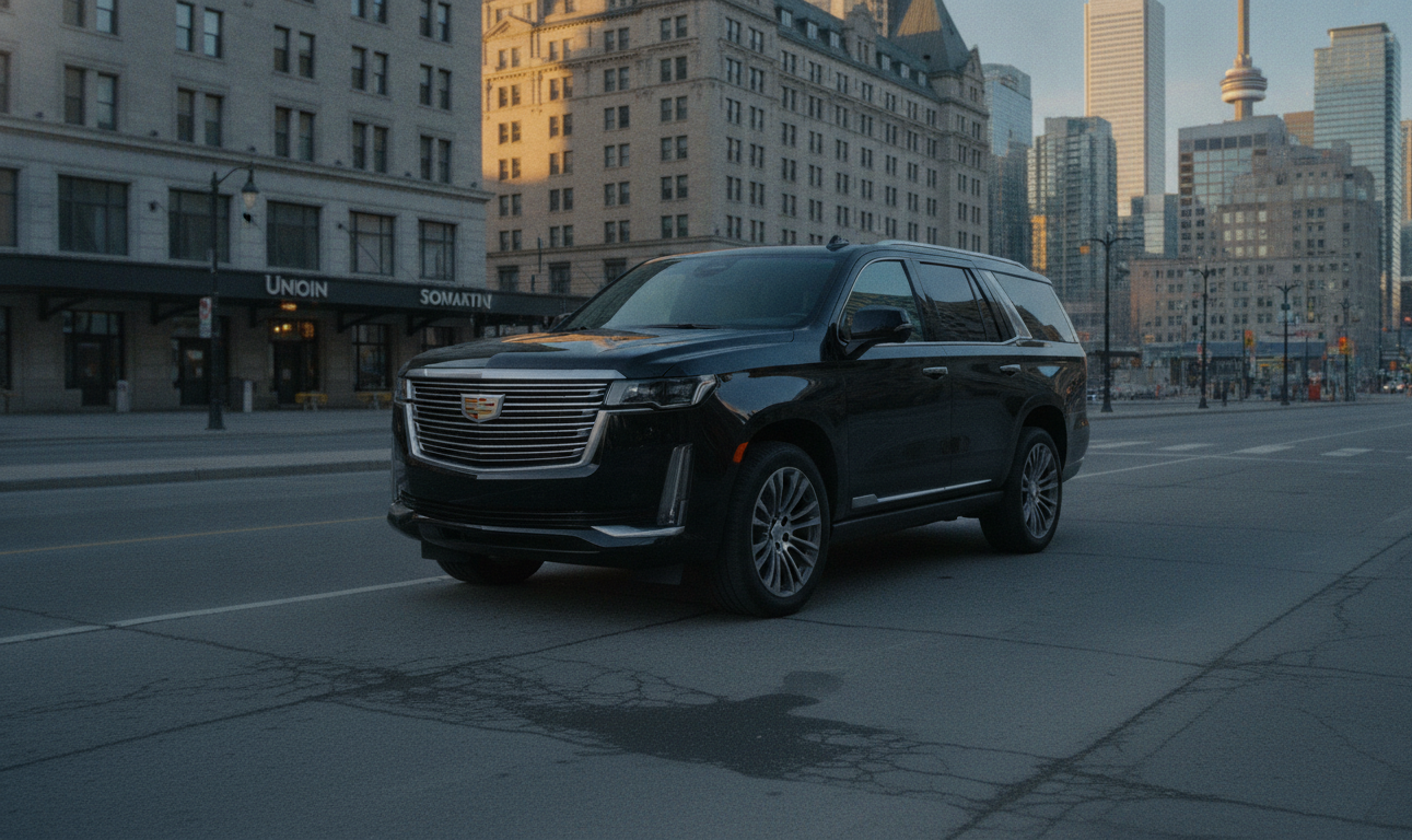 A black 2025 Cadillac Escalade ESV parked at the Front Street West kerb directly across from Union Station, Toronto, sta