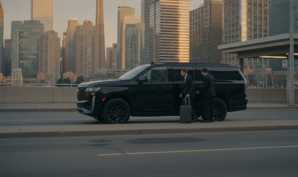 A black 2025 Cadillac Escalade ESV pulled to a wide kerb on Front Street near Union Station, downtown Toronto, golden ho