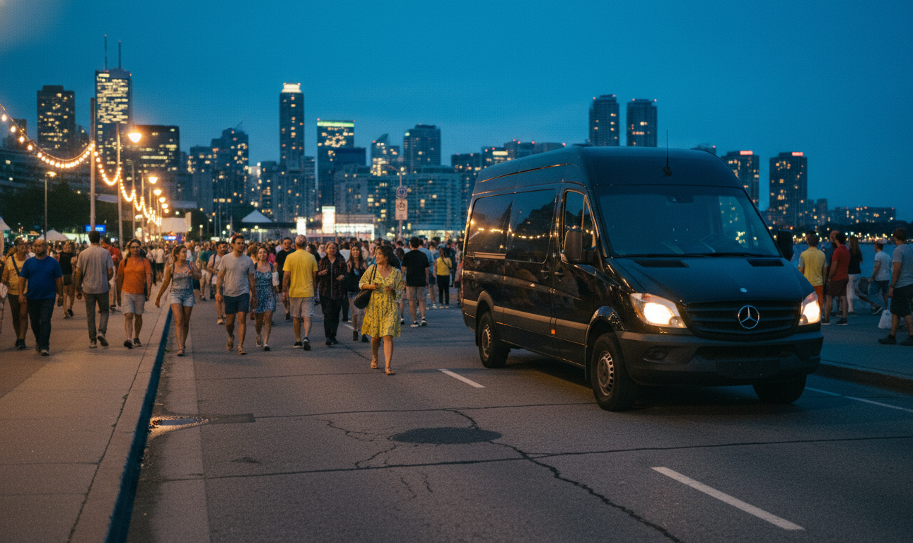 Black Sprinter waiting at night to collect a group after the Caribana festivities