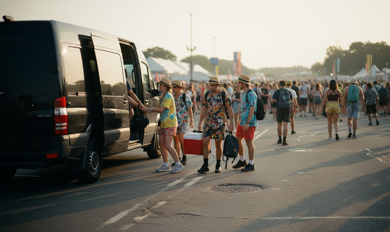 Friends in festival wear unloading from a black van at the Caribana grounds