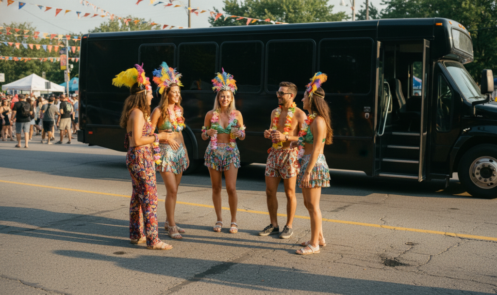 A group of friends beside a black party bus at the Toronto Caribbean Carnival