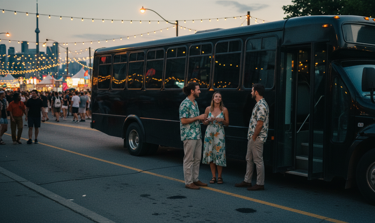 Black party bus glowing at dusk during Caribana weekend in Toronto