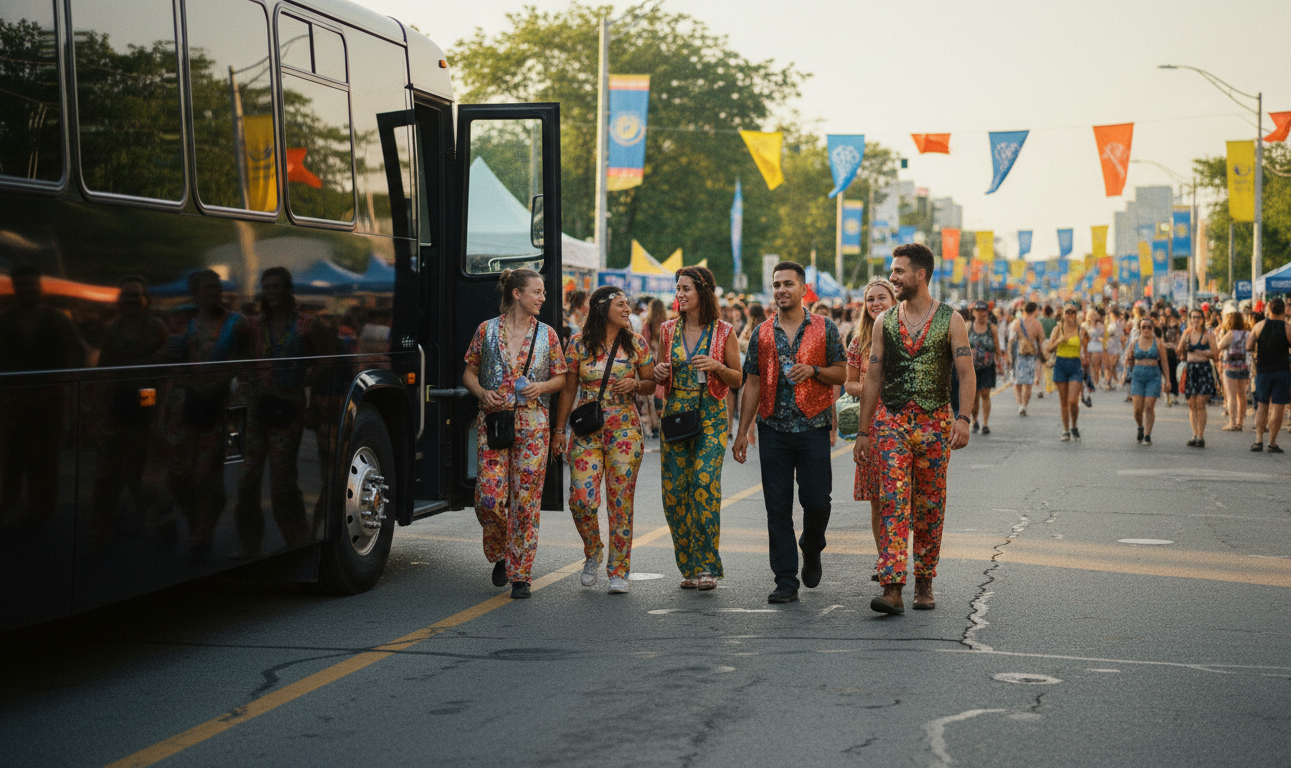 Black party bus dropping a group at a perimeter point near the Caribana route