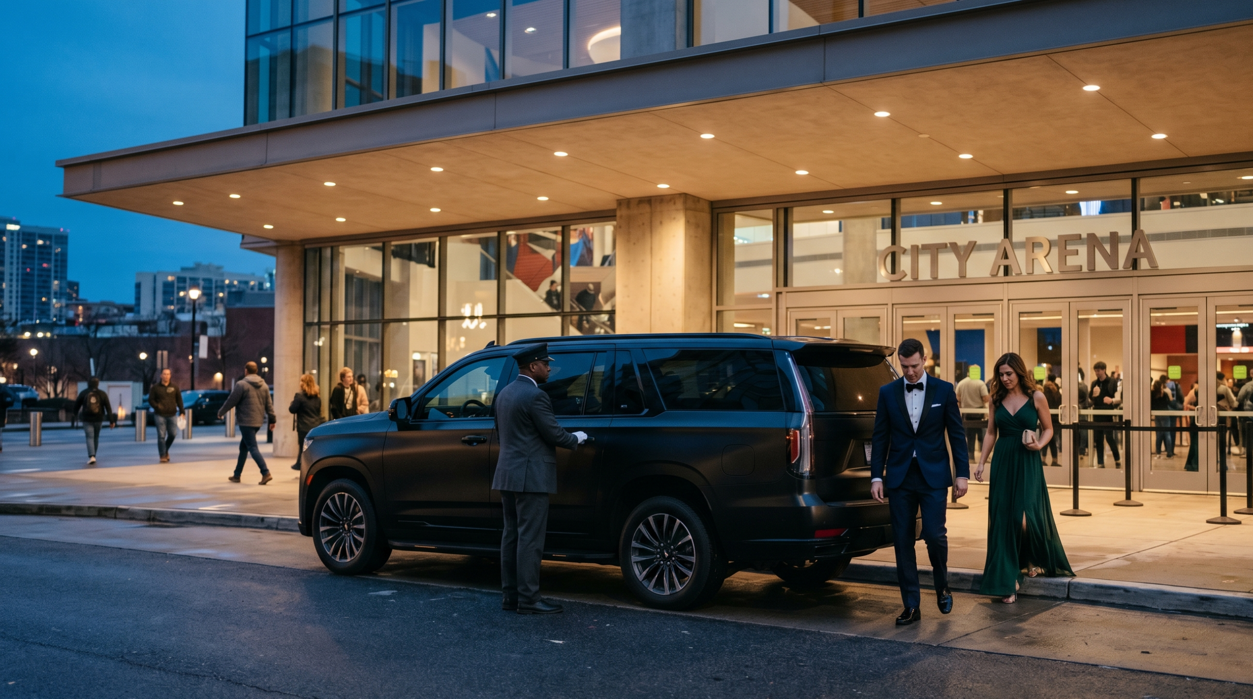 Chauffeur opening a black Escalade door as a couple step out at the Coca-Cola Coliseum entrance