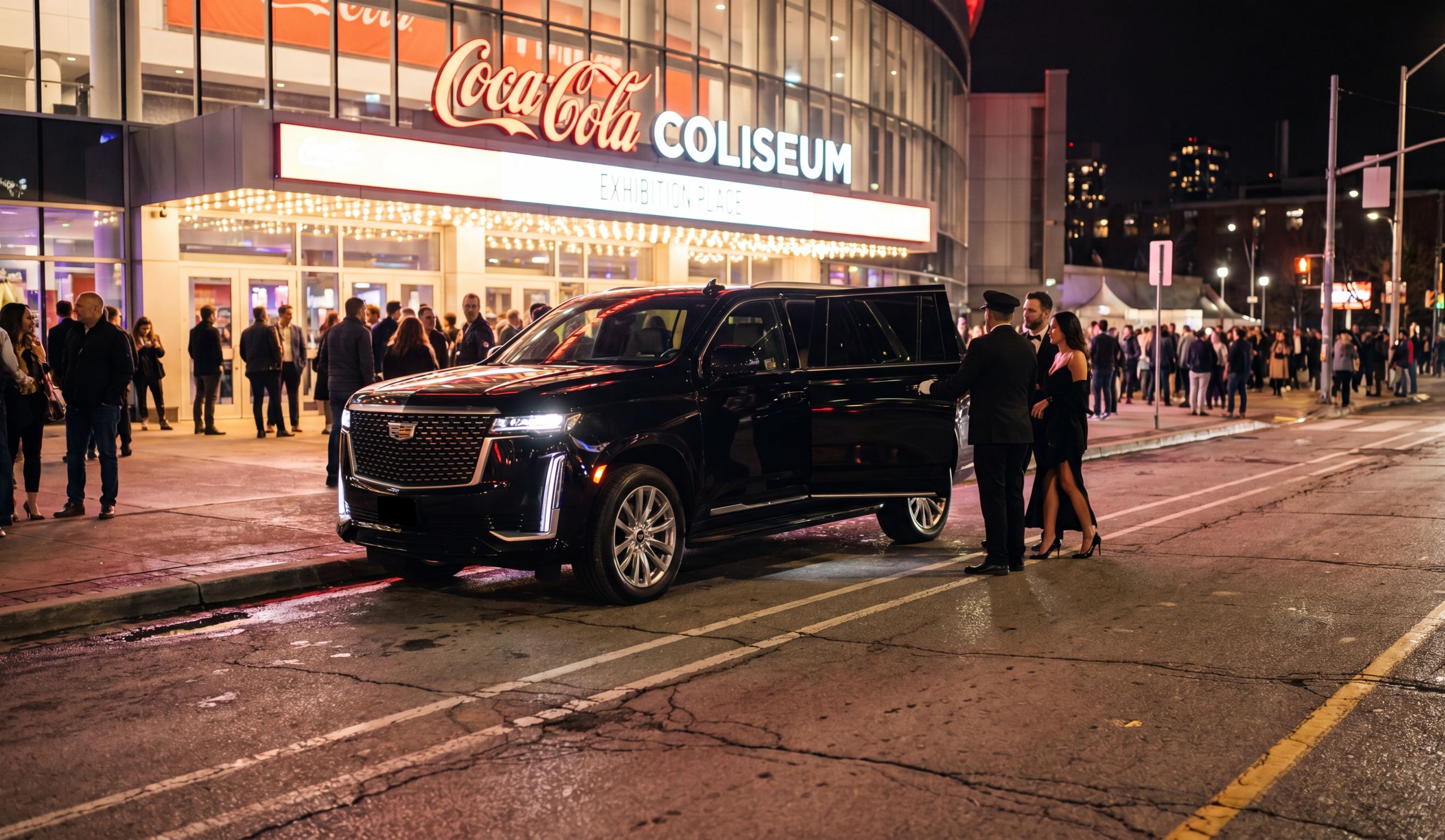 Black Escalade door-drop at the Coca-Cola Coliseum entrance, skipping the parking lots