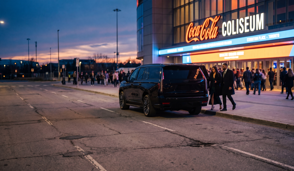 Black Cadillac Escalade waiting at the Coca-Cola Coliseum forecourt at dusk as the crowd exits