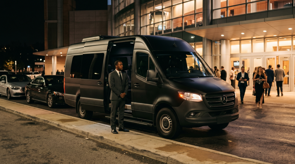 Black group vehicle waiting at the arena pickup lane at night as the crowd exits after the show
