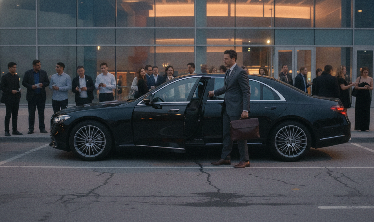 Bruno Mars Toronto Concert Transportation - The Romantic Tour 2026 11 Black sedan at a downtown Toronto venue forecourt in the evening