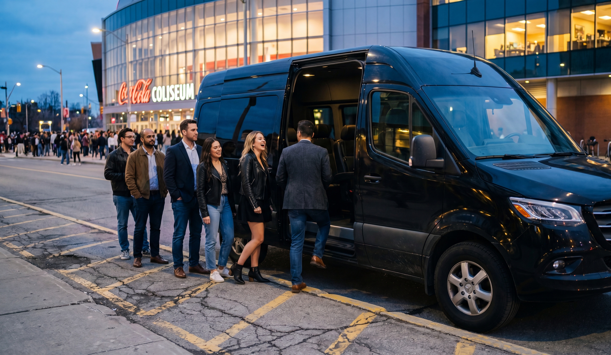 Group boarding a black Mercedes Sprinter at the Coca-Cola Coliseum kerb for a Toronto Marlies game