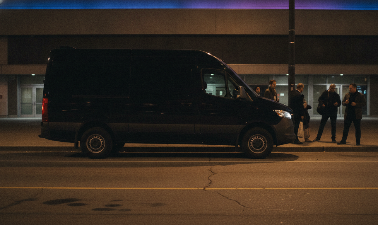 Black Mercedes Sprinter waiting kerb-side at night for a post-show group pickup