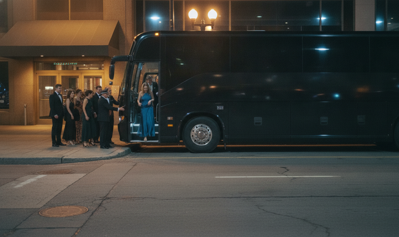A black 2025 charter coach pulled fully to the Front Street kerb at the Fairmont Royal York entrance at night under warm