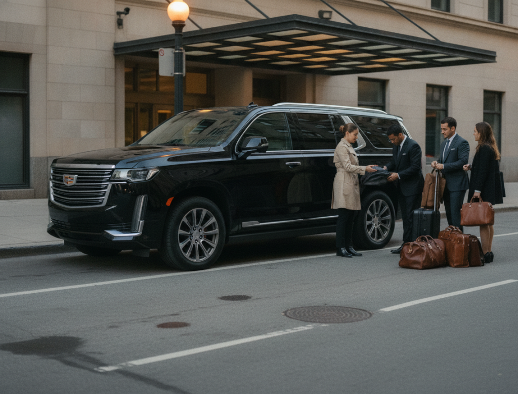 A black 2025 Cadillac Escalade ESV stopped fully at the Fairmont Royal York portico kerb on Front Street, golden-hour li