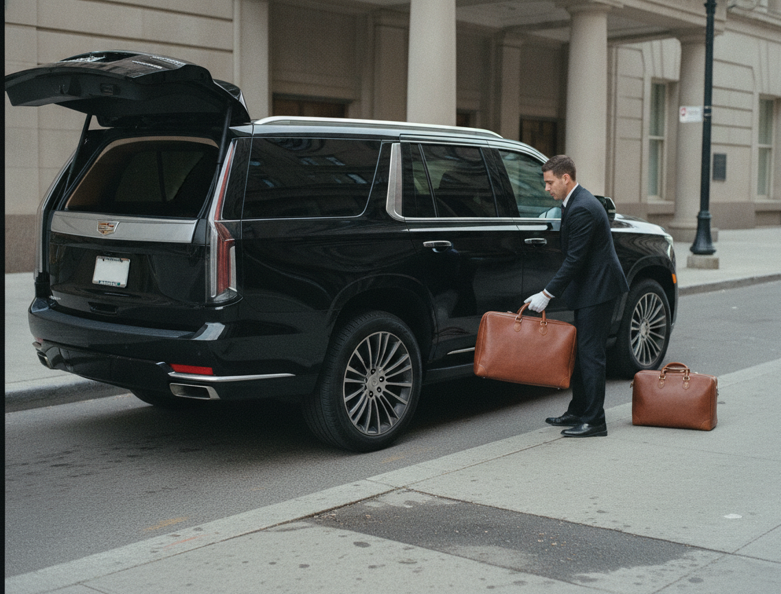 Chauffeur loading luggage into the trunk of a black Cadillac Escalade ESV in daylight