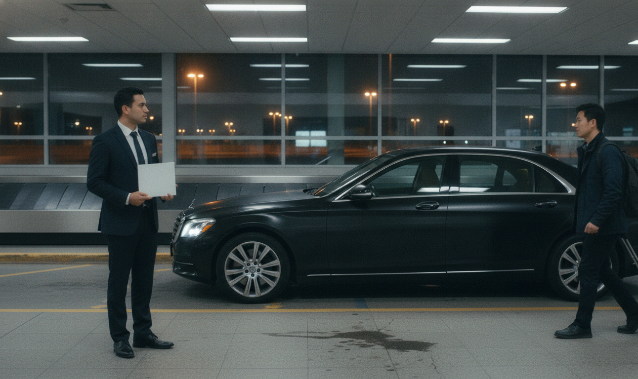 Inside Toronto Pearson Terminal 1 arrivals hall, a chauffeur in a dark suit stands holding a blank name sign near the sl