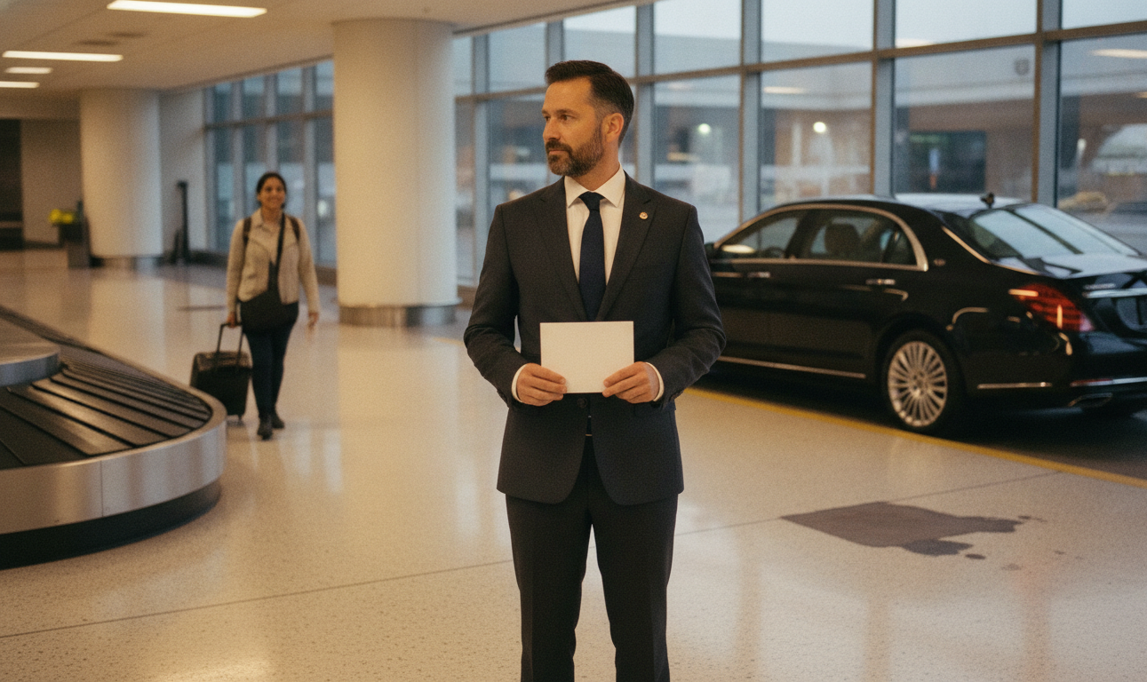 How Much Is an Airport Limo From Pearson to the Royal York? 4 Inside the Toronto Pearson Terminal 1 arrivals hall near the baggage carousel, a chauffeur in a dark suit stands holding