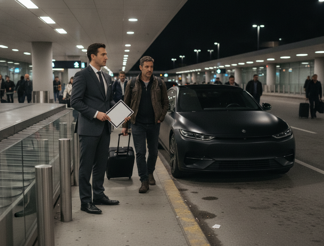 Is There a Flat Rate for the Pearson to Royal York Limo? 3 Inside Toronto Pearson Terminal 1 arrivals hall at night, warm tungsten light. A suited chauffeur stands holding a blank