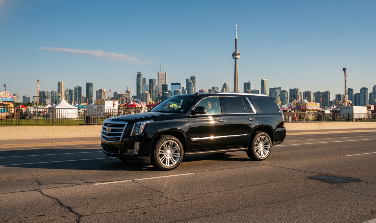 Black Cadillac Escalade approaching Exhibition Place along Lake Shore Boulevard