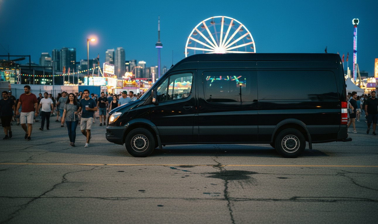 Black Sprinter waiting at night to pick up a family after the CNE air show