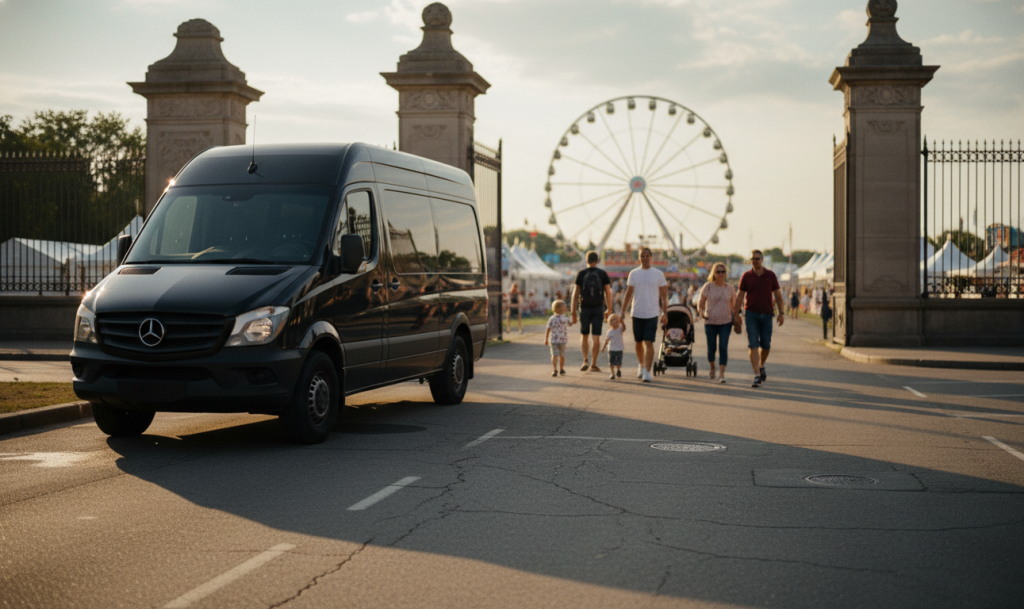 Black Sprinter van dropping a family at the Canadian National Exhibition gates at Exhibition Place Toronto