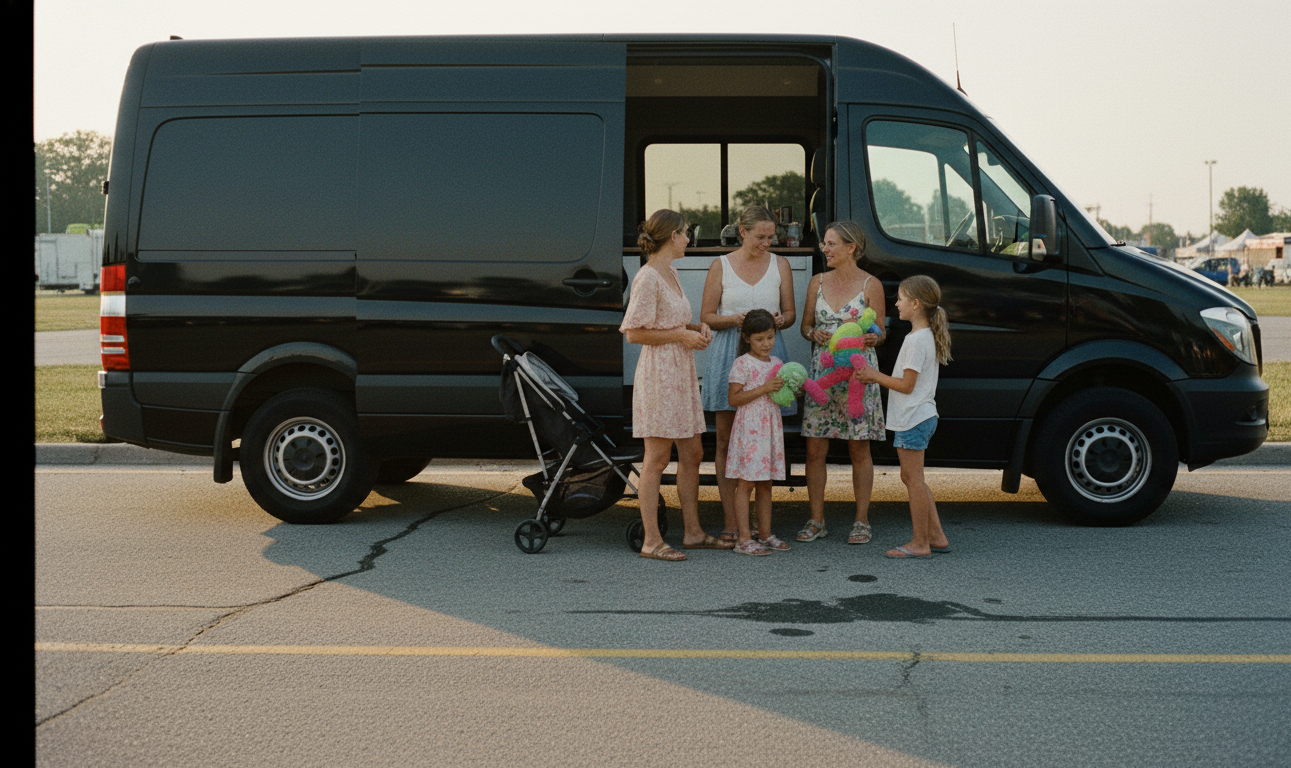 Black Sprinter van dropping a family at the Canadian National Exhibition gates at Exhibition Place