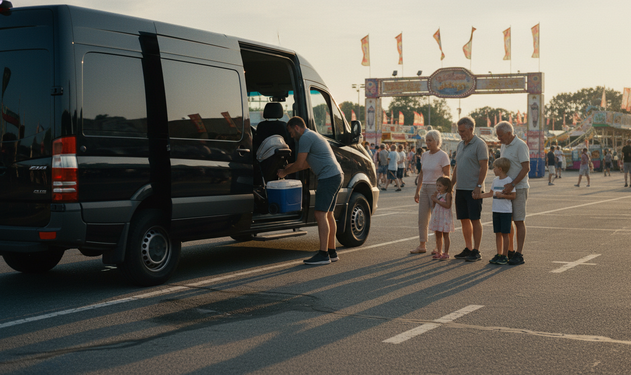 A family unloading from a black Sprinter at the CNE drop-off with stroller and day bags