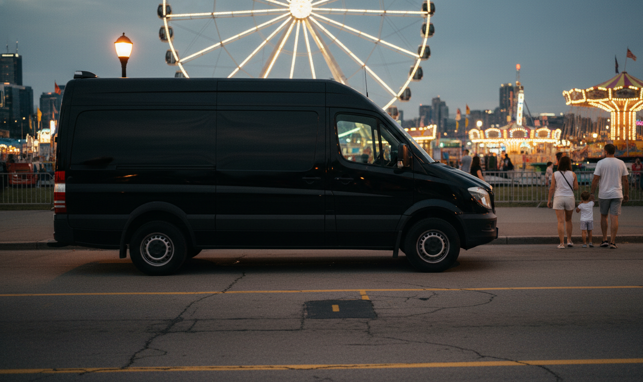 Black Sprinter near the CNE midway at dusk with Exhibition Place lit behind