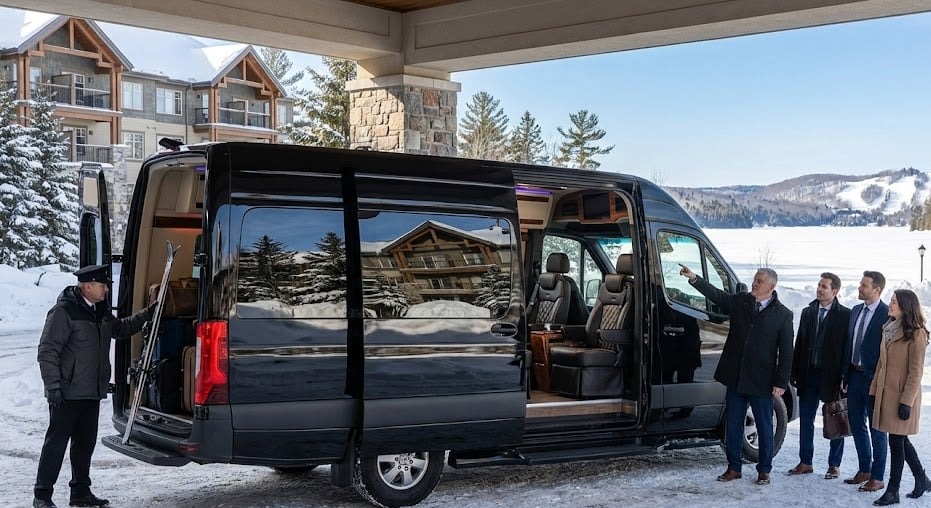 Black Mercedes-Benz Sprinter at a resort forecourt with the chauffeur loading group gear at the rear