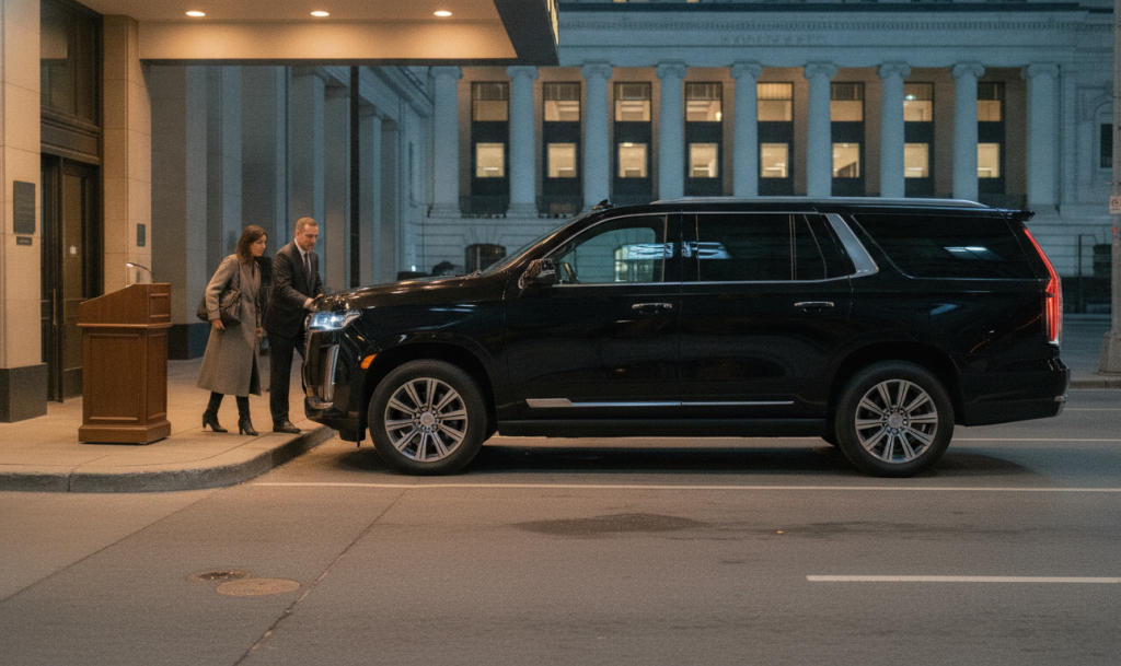 A black 2025 Cadillac Escalade ESV stopped at the Fairmont Royal York east entrance kerb on Front Street West, wheels at