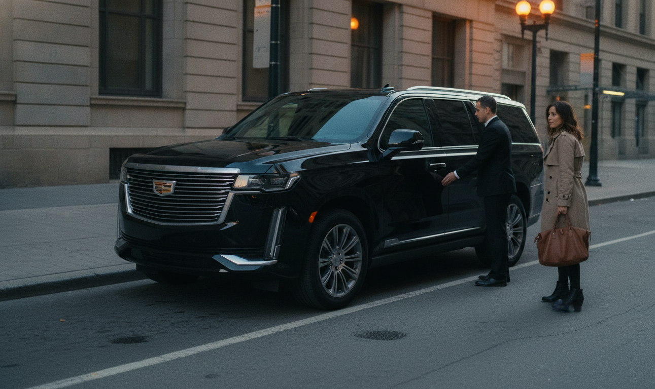 A black 2025 Cadillac Escalade ESV pulled to a wide kerb on Front Street near Union Station, downtown Toronto, golden ho