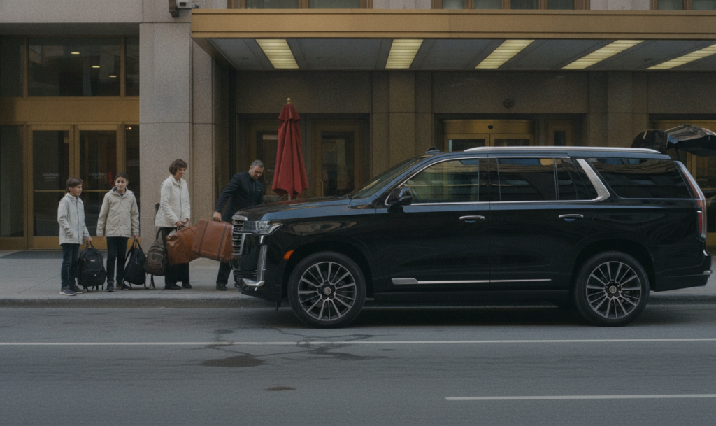 A black 2025 Cadillac Escalade ESV pulled to the Front Street kerb outside the Fairmont Royal York east entrance, wheels
