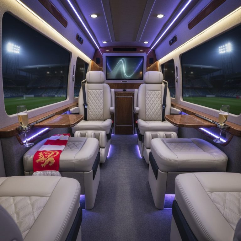 Jet Sprinter VIP cabin with white quilted leather captain chairs, tables, and ambient lighting