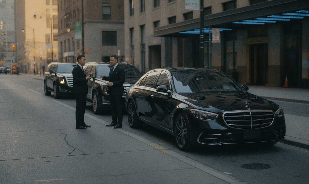 Three black Chauffeuropolis vehicles, a 2025 Mercedes-Benz S-Class sedan, a luxury black SUV, and a Cadillac Escalade ES