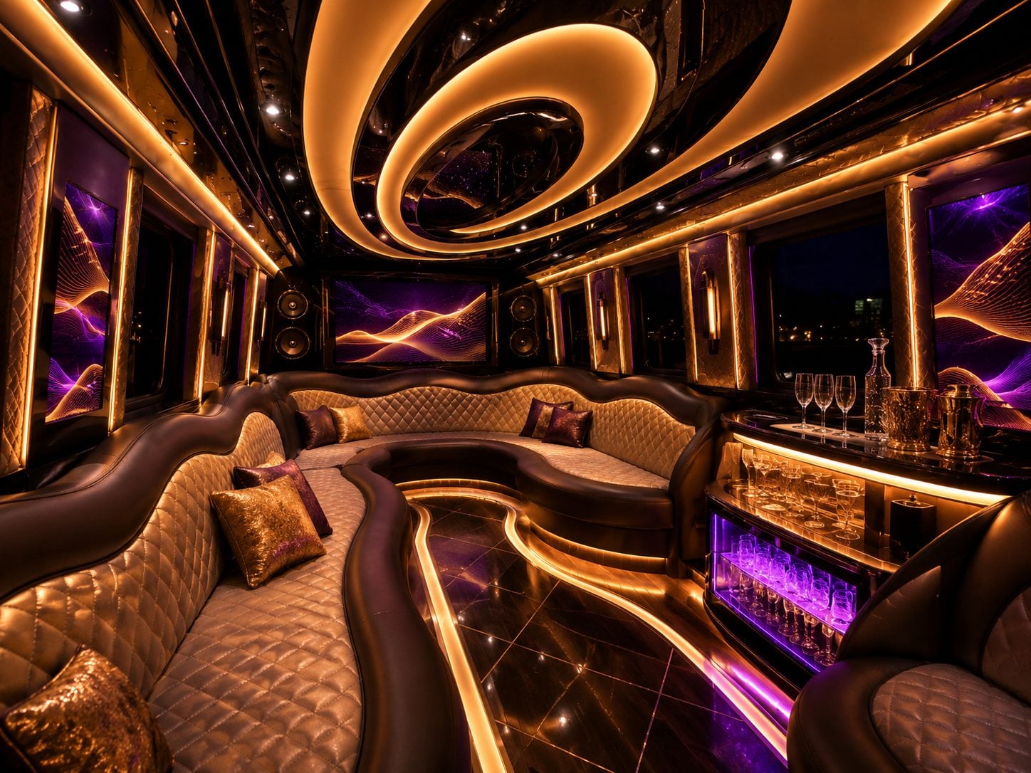 Gold-lit party limo van interior with curved lounge seating and a mirrored bar