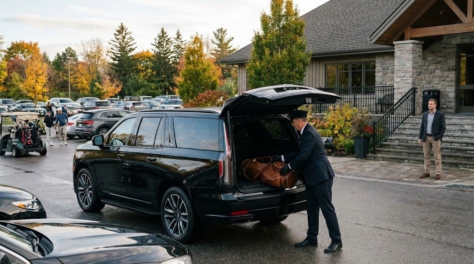 Chauffeur loading luggage into a black Cadillac Escalade before departure
