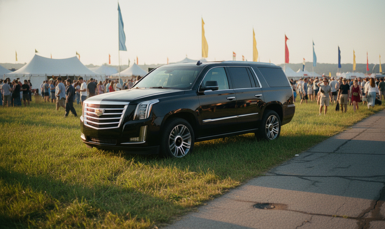 Black Cadillac Escalade beside the Mariposa Folk Festival field in Orillia