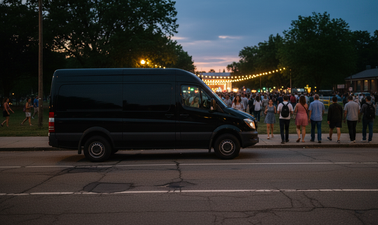 Black Sprinter waiting at dusk to pick up a group after the Mariposa Folk Festival main stage