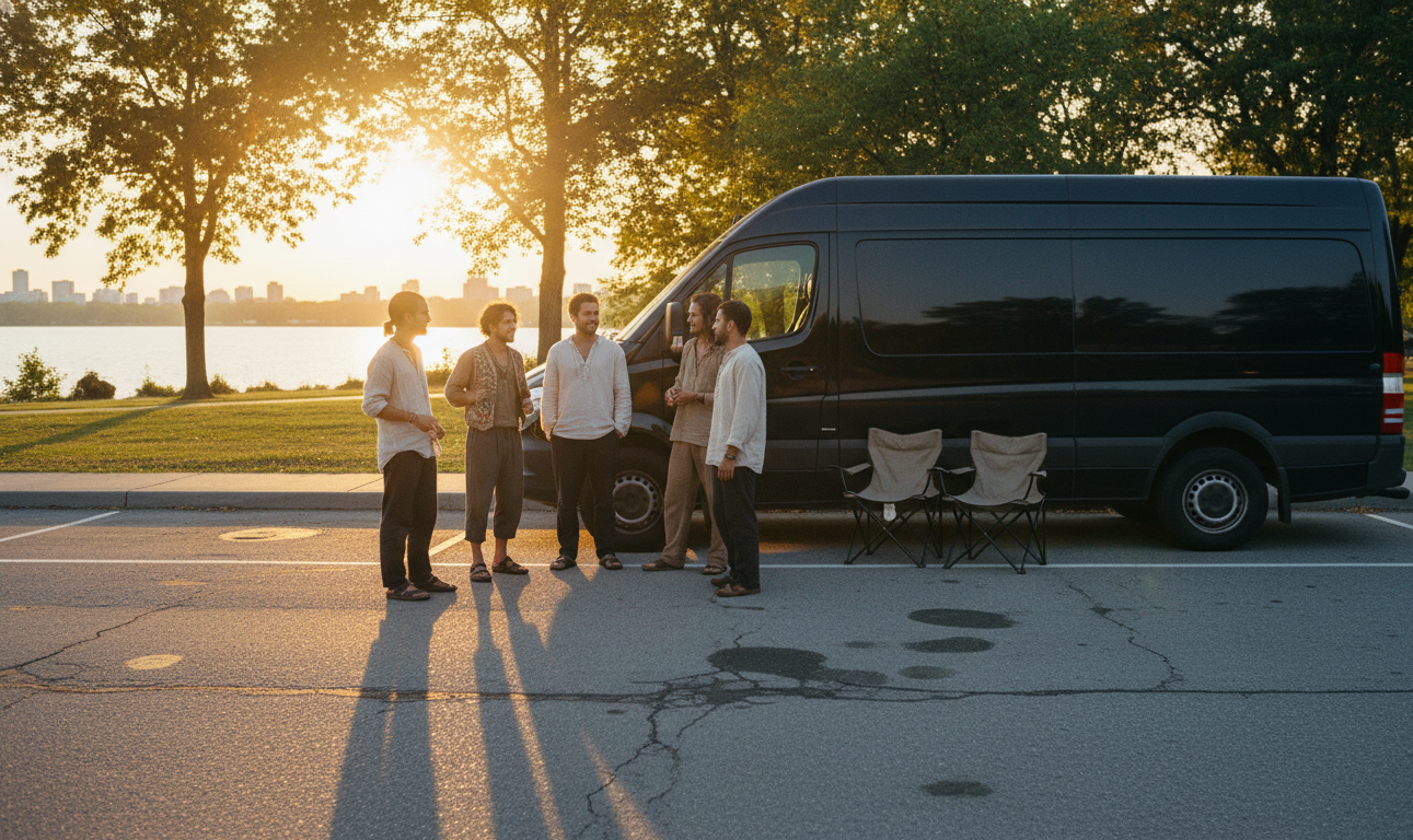 Friends with festival gear beside a black Sprinter van at the Mariposa Folk Festival