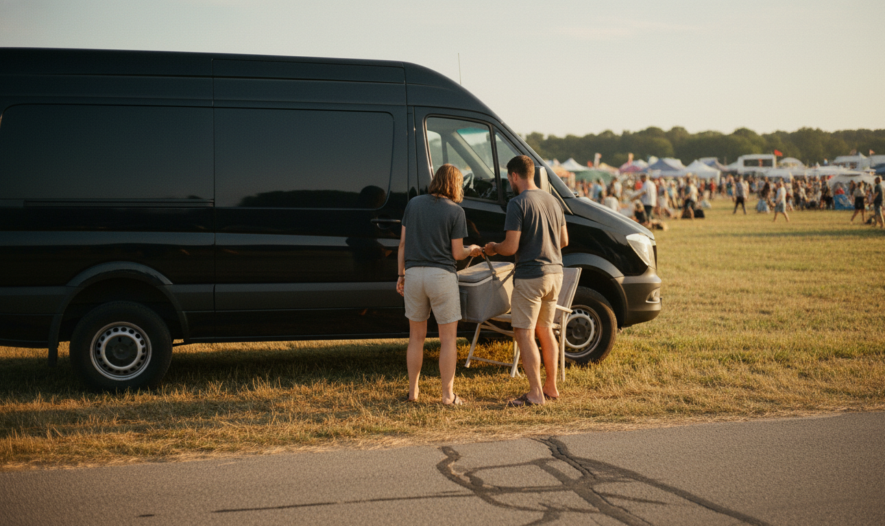 Group unloading chairs and a cooler from a black Sprinter at the Mariposa Folk Festival
