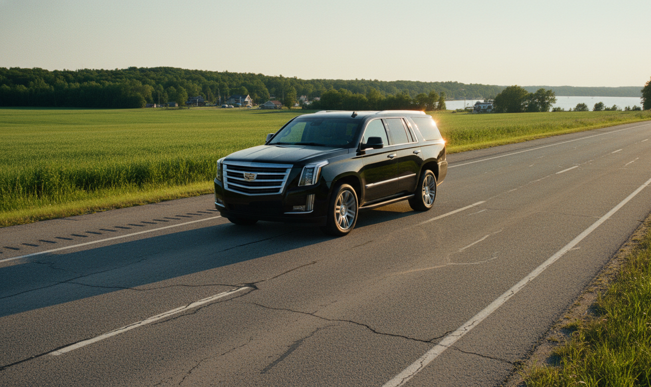 Black Cadillac Escalade approaching Orillia for the Mariposa Folk Festival