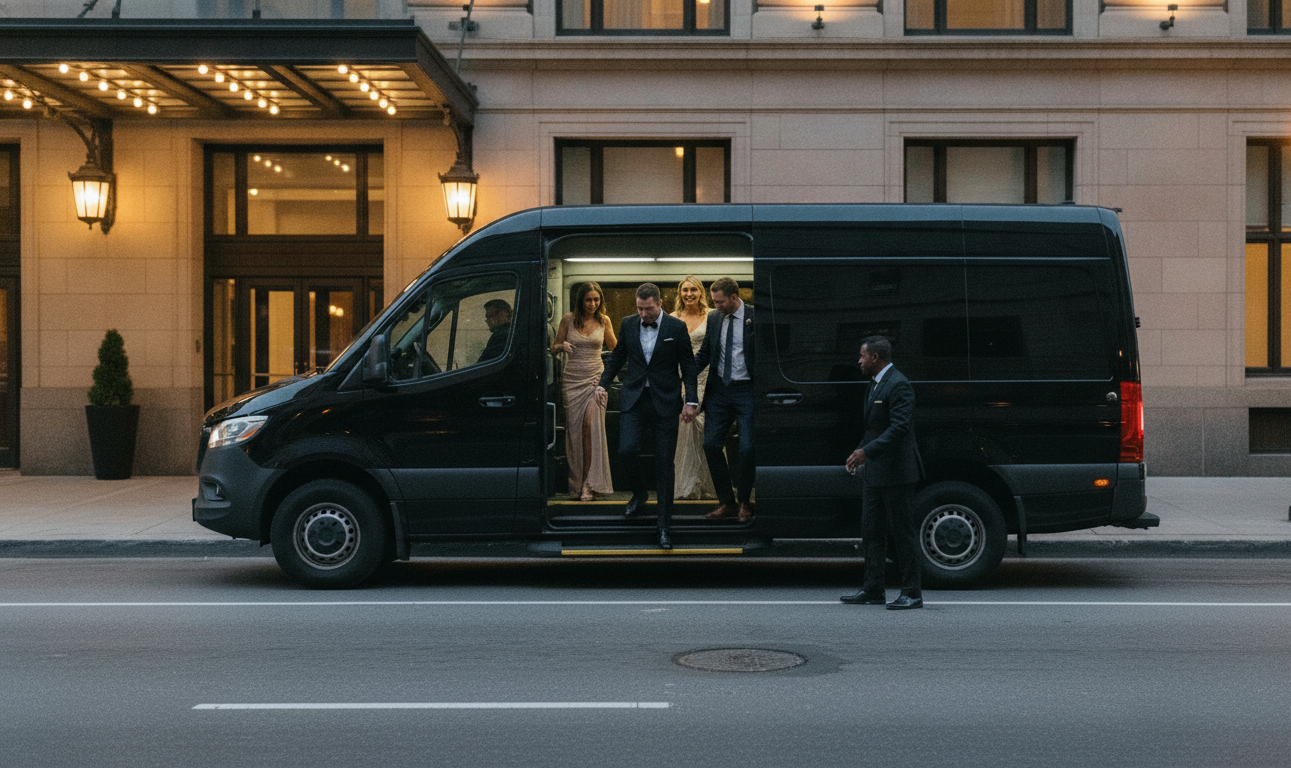 A black 2025 Mercedes-Benz Sprinter pulled fully to the kerb at the Fairmont Royal York east entrance valet lane on Fron