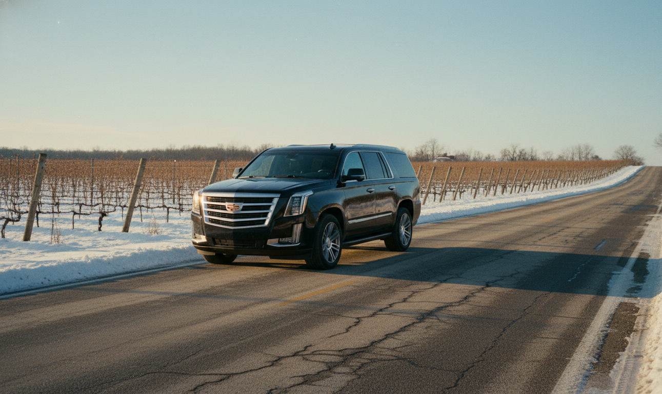 Niagara Icewine Festival 2027: Passes, Gala & Wine Tour 4 Black Cadillac Escalade on a Niagara wine-country road in winter for an icewine tour