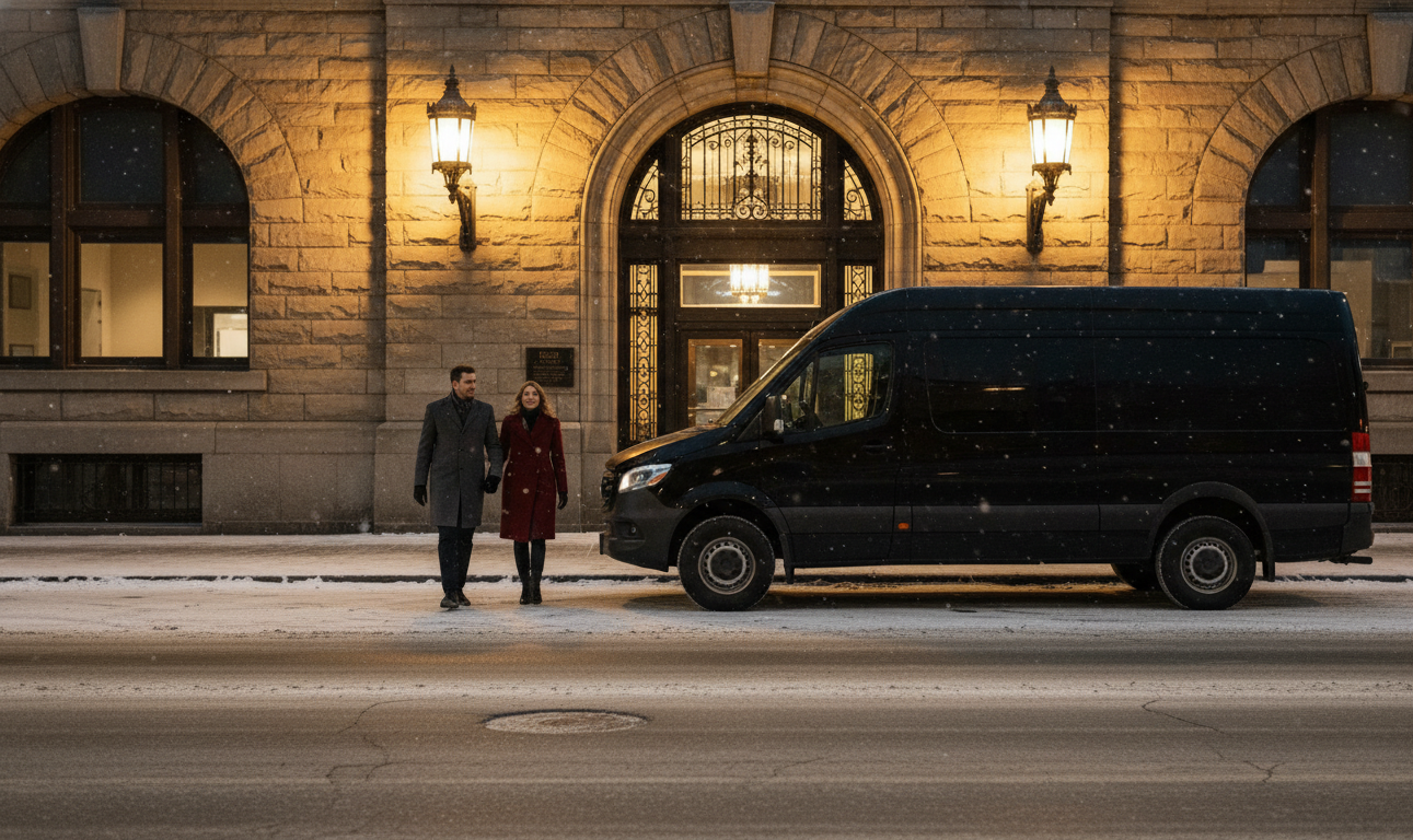 Niagara Icewine Festival 2027: Passes, Gala & Wine Tour 3 Black Sprinter dropping guests at a Niagara icewine gala on a winter evening