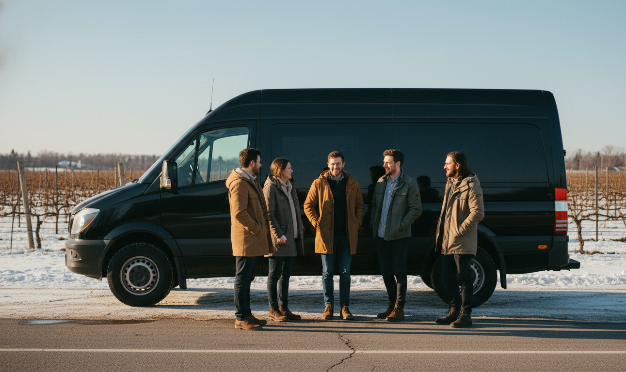 Niagara Icewine Festival 2027: Passes, Gala & Wine Tour 7 Friends beside a black Sprinter van at a Niagara winery during the Icewine Festival