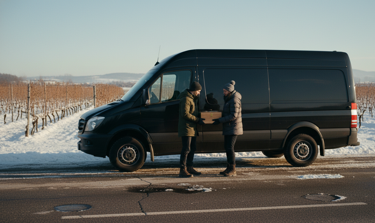 Niagara Icewine Festival 2027: Passes, Gala & Wine Tour 6 Couple loading icewine into a black Sprinter at a Niagara vineyard in winter